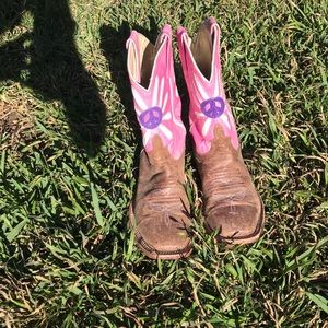 Pink boots with a purple peace sign